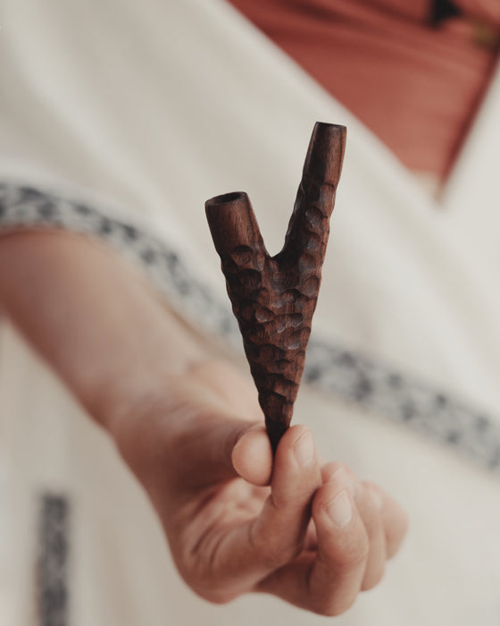 Hand holding a wooden slingshot with a blurred background