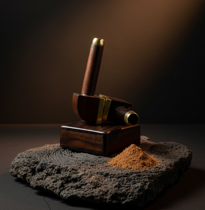 Wooden pestle and mortar with a small pile of powder on a dark surface