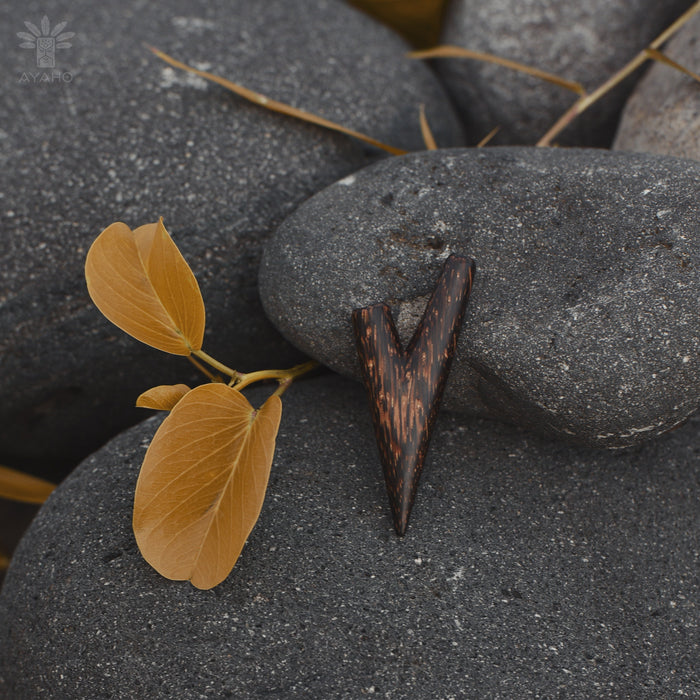Rustic arrowhead and dried leaves on dark stones