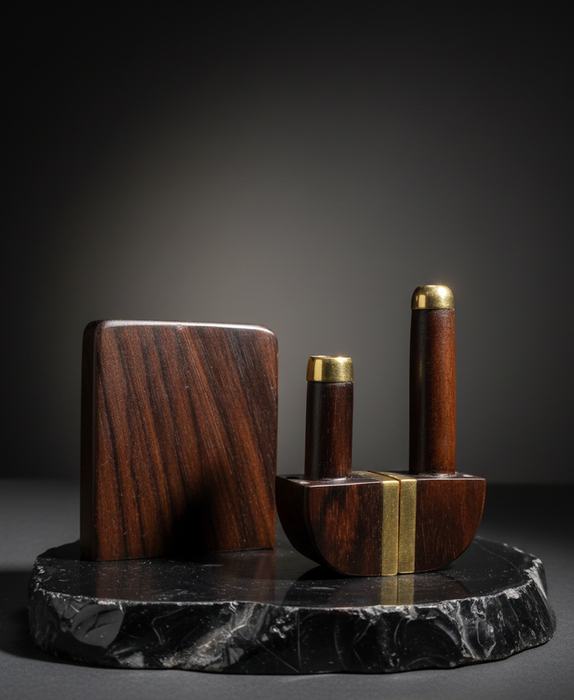 Wooden and brass decorative items on a dark marble base against a dark background