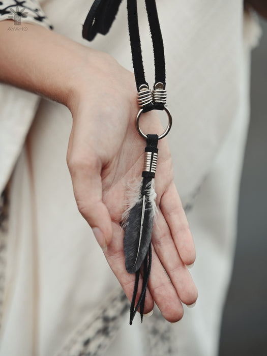 Black raven feather encased in resin with silver wire wrapping, hanging from a black leather choker for an edgy spiritual look
