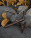 Wooden tool with a pointed end on a rocky surface with leaves