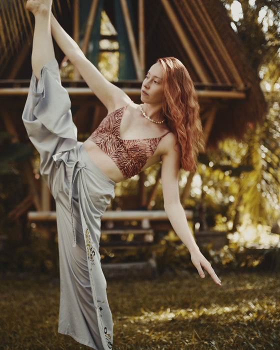 Ultra-soft Thai pants in silver, crafted for yoga and meditation with a breathable, artisanal silk-cotton blend.