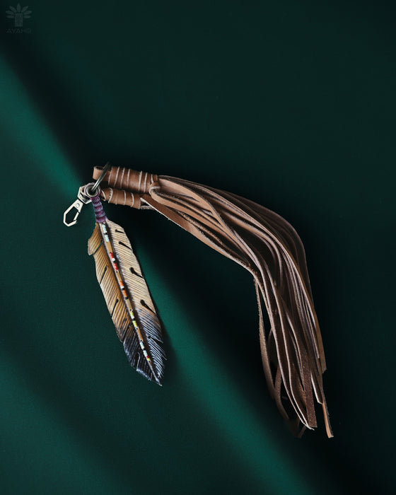 Tiny preserved owl feather in a glass vial pendant, attached to a braided leather necklace for everyday spiritual protection.