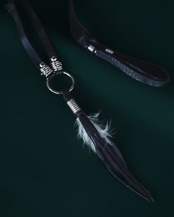 Black raven feather encased in resin with silver wire wrapping, hanging from a black leather choker for an edgy spiritual look