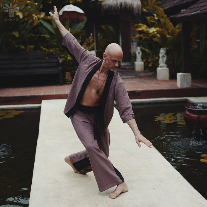"Bali-made cotton kimono in bright tones, combining traditional ethnic weaving with modern unisex design