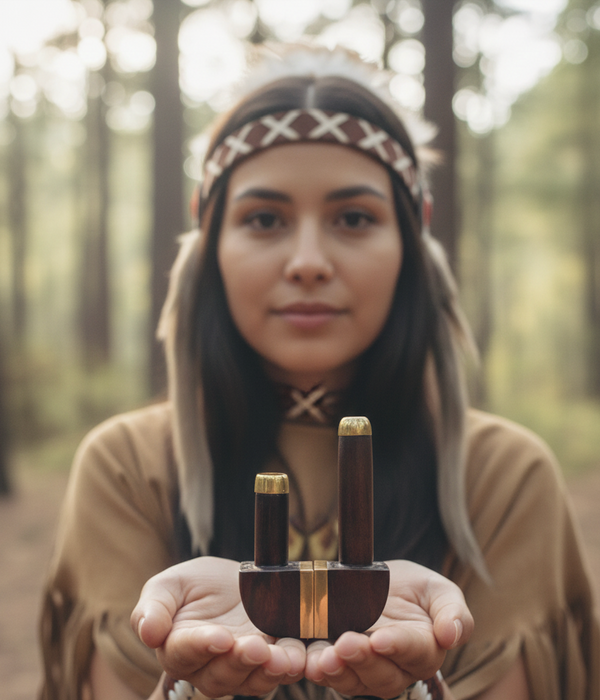 Woman in a forest holding two wooden objects