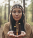 Woman in a forest holding two wooden objects