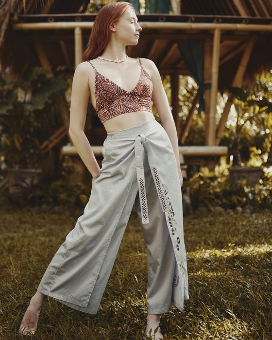 Ultra-soft Thai pants in silver, crafted for yoga and meditation with a breathable, artisanal silk-cotton blend.