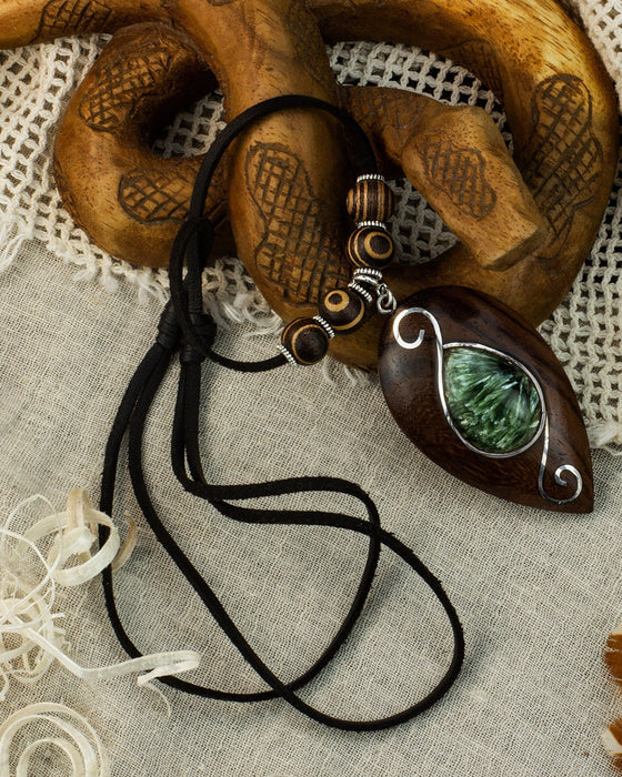 Handcrafted silver amulet with seraphinite and rosewood - spiritual protection and heart chakra healing
