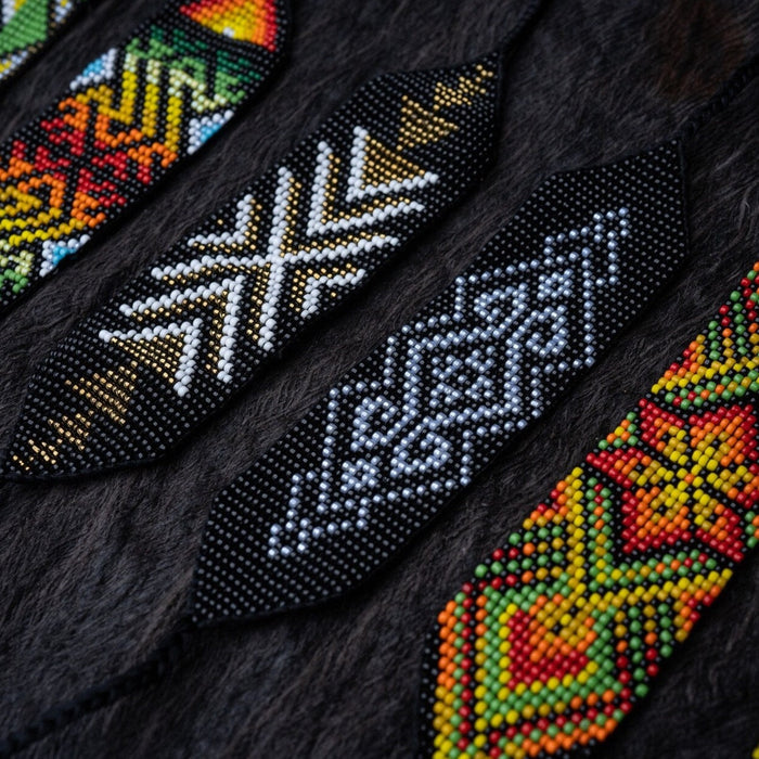 Handwoven bead loom bracelets with Ayahuasca-inspired tribal patterns, combining shamanic tools and talisman amulets for spiritual adornment