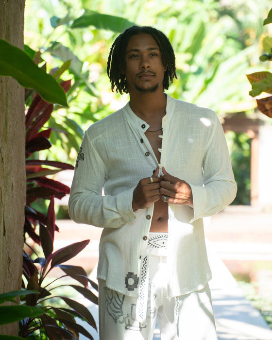 White Cotton Shaman Shirt – Unisex Spiritual Boho Top – Handmade Festival Clothing – Tribal Yoga Wear