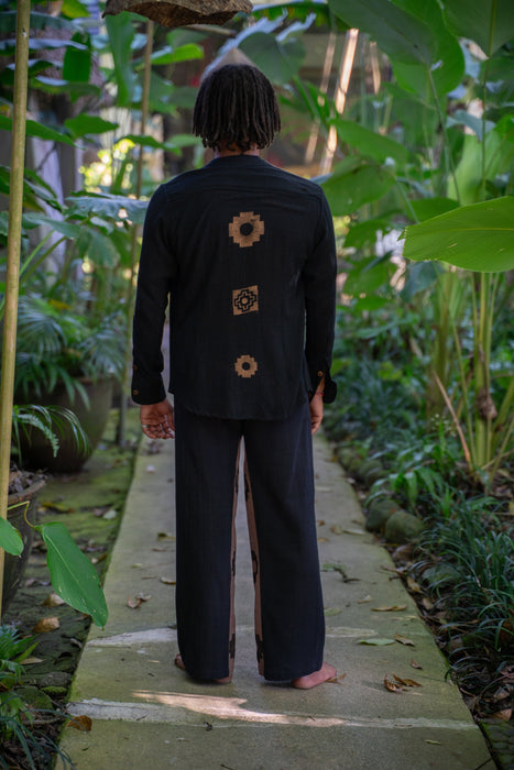 Black Cotton Shaman Shirt – Tribal Stamp Print, Ethnic Handmade Tee