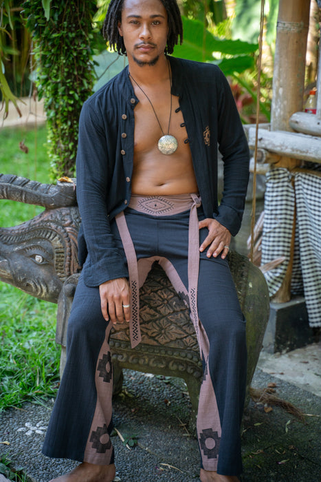 Black Cotton Shaman Shirt – Tribal Stamp Print, Ethnic Handmade Tee