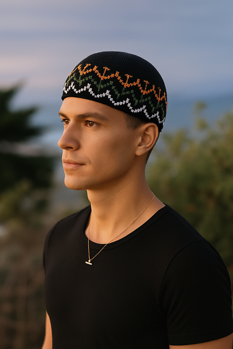 Black Boho Hat with Orange Green White Motif