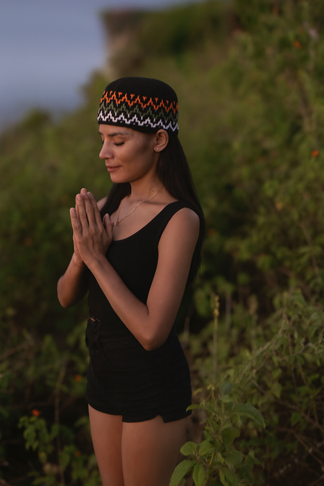 Black Boho Hat with Orange Green White Motif