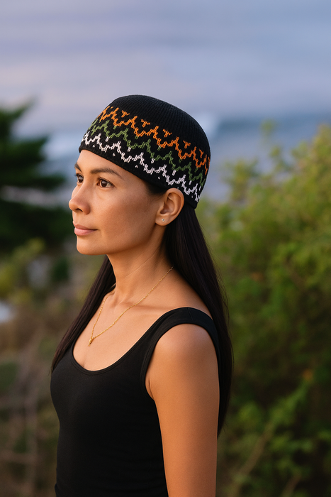Black Boho Hat with Orange Green White Motif