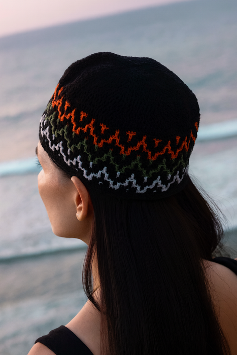 Black Boho Hat with Orange Green White Motif