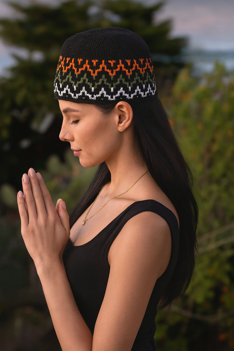 Black Boho Hat with Orange Green White Motif