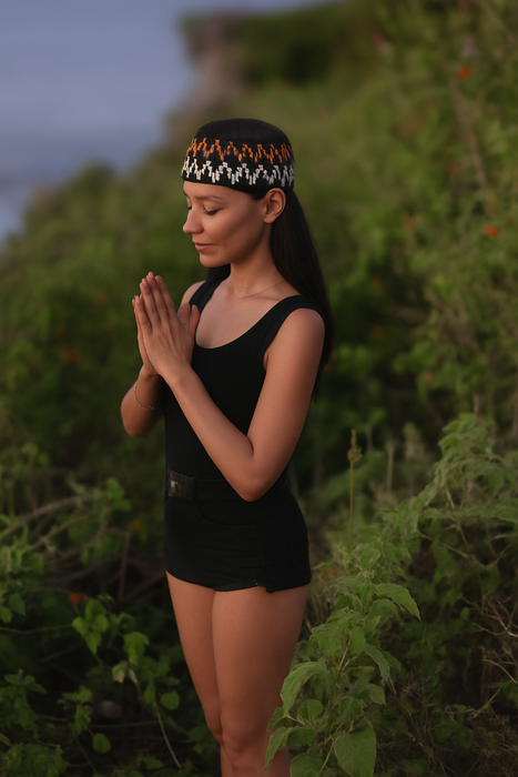 Black Boho Hat with Orange Green White Motif