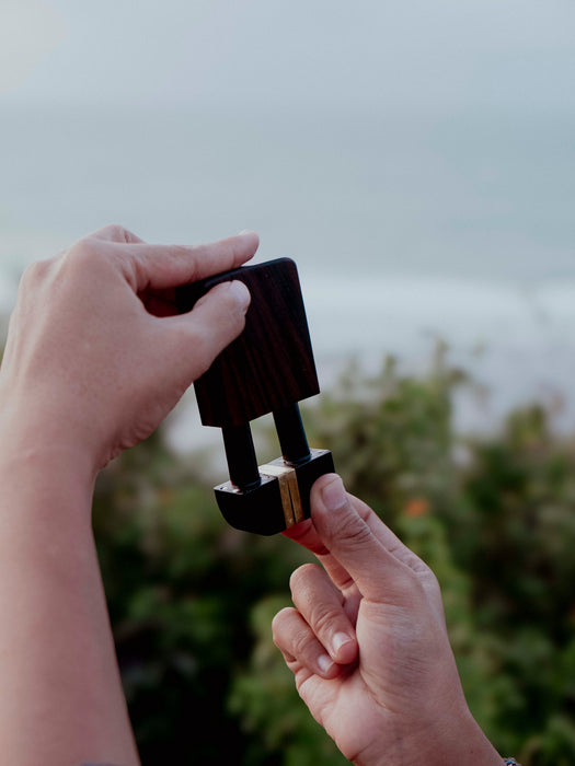 Person holding a small black device with a blurred natural background