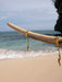 Gold earrings on a stick with a beach background