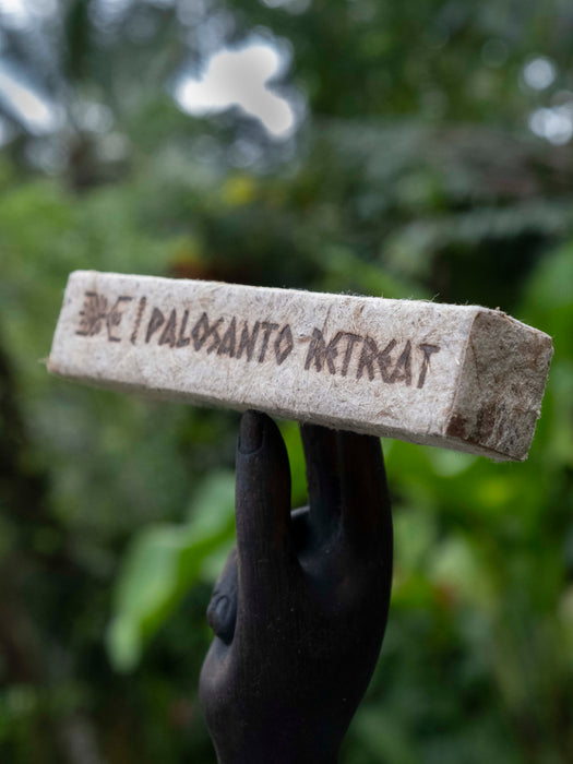 Hand holding a concrete block with 'Cidalosanto Retreat' text against a blurred green background
