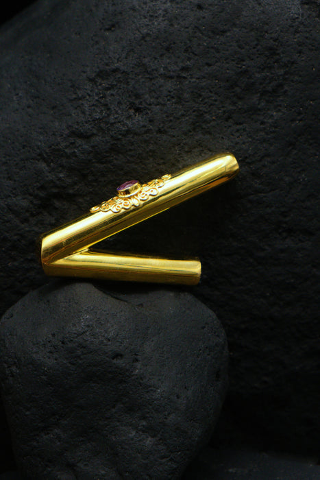 Ceremonial Pipe Gold Plated Bronze | Onyx Amethyst Gemstone | Sacred Herbal Applicator | Bali Tribal Art
