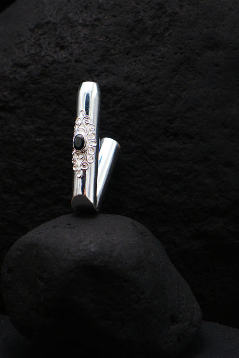 Ceremonial Pipe Silver Plated Bronze | Onyx Amethyst Gemstone | Sacred Herbal Applicator | Bali Tribal Art