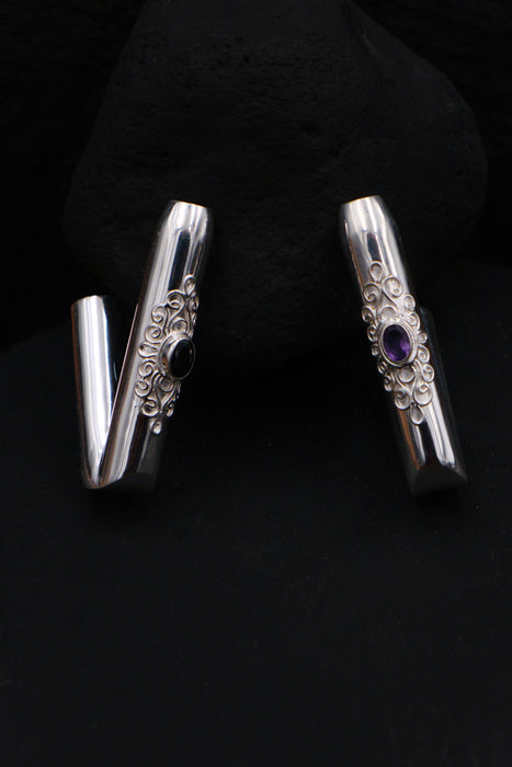 Ceremonial Pipe Silver Plated Bronze | Onyx Amethyst Gemstone | Sacred Herbal Applicator | Bali Tribal Art