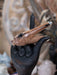Black hand holding a large tooth against a decorative background