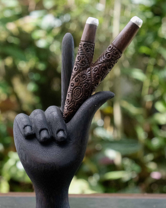 Rosewood handcrafted  Pipe: Balinese Applicator with Ye Ming Zhuh Stone