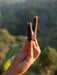Hand holding a wooden object against a blurred natural background