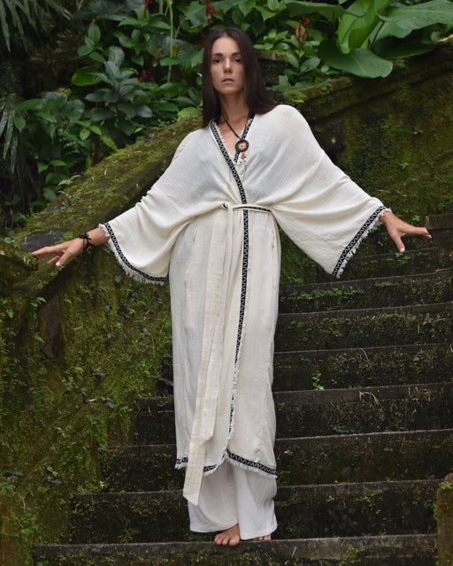 Long Cotton Boho Kimono Cardigan, lightweight and stylish, perfect for creating a summer outfit.