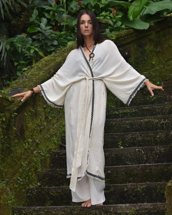 Long Cotton Boho Kimono Cardigan, lightweight and stylish, perfect for creating a summer outfit.