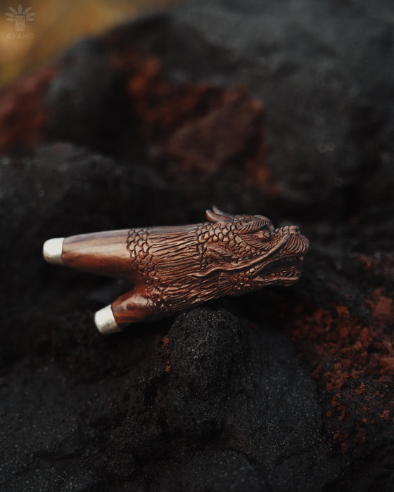 Kuripi Dragon Totem and Silver Caps .Hand Carved Rosewood . Unique Spiritual Tool
