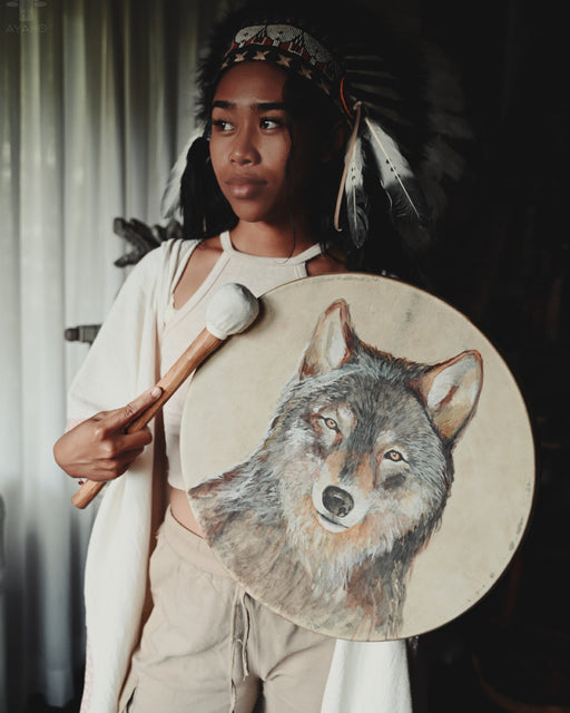 Handcrafted Shaman tambourine with a stunning 40cm wolf painting, ideal for ceremonies and connecting with nature's spirit.
