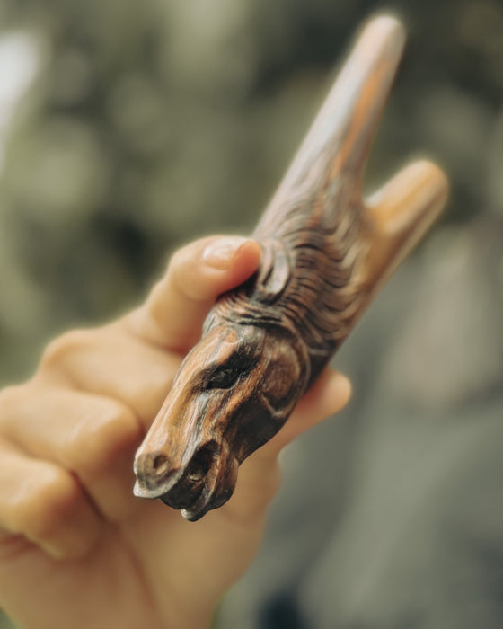 Handcrafted Rosewood Kuripe Pipe with Horse Totem – Shamanic Tool for Sacred Rituals