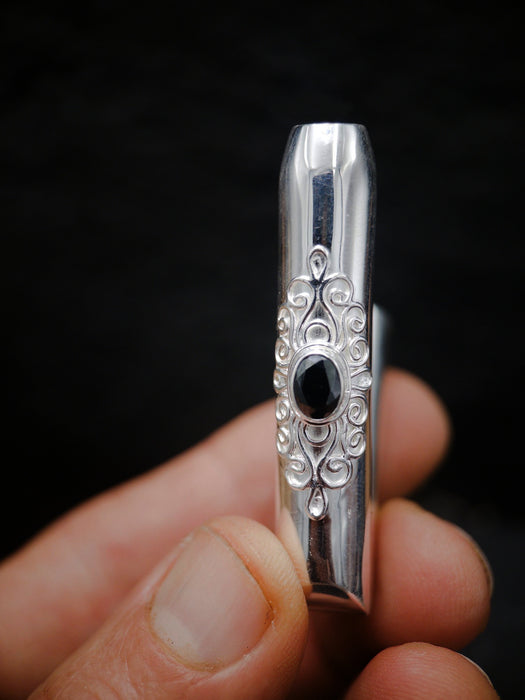 Ceremonial Pipe Silver Plated Bronze | Onyx Amethyst Gemstone | Sacred Herbal Applicator | Bali Tribal Art