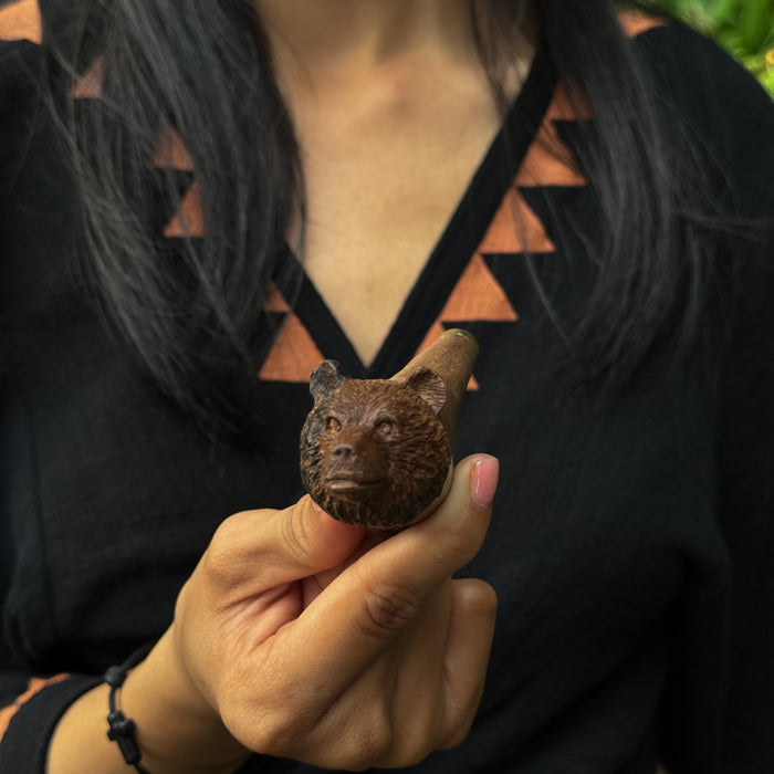 Bear Rosewood ceremonial pipe with Silver Cup