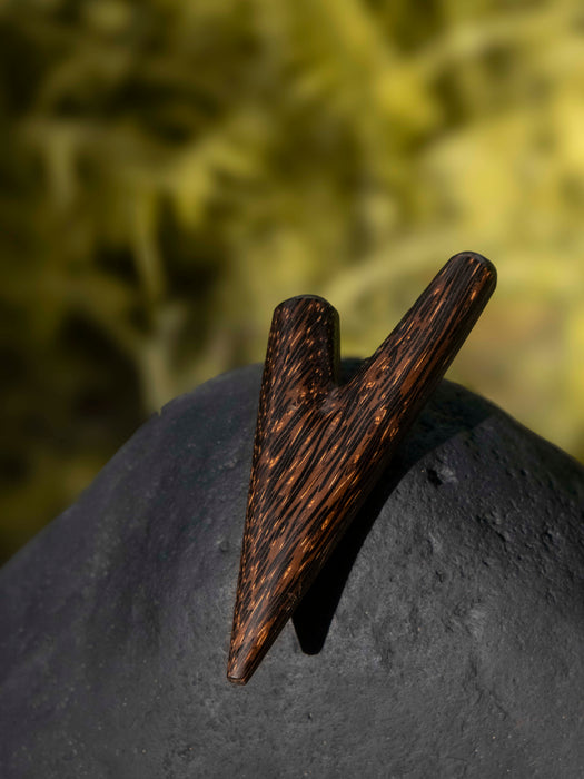 Wooden fish hook on a dark stone surface with a blurred green background