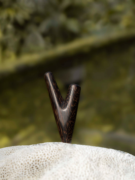 Wooden treble clef on a textured surface with a blurred natural background