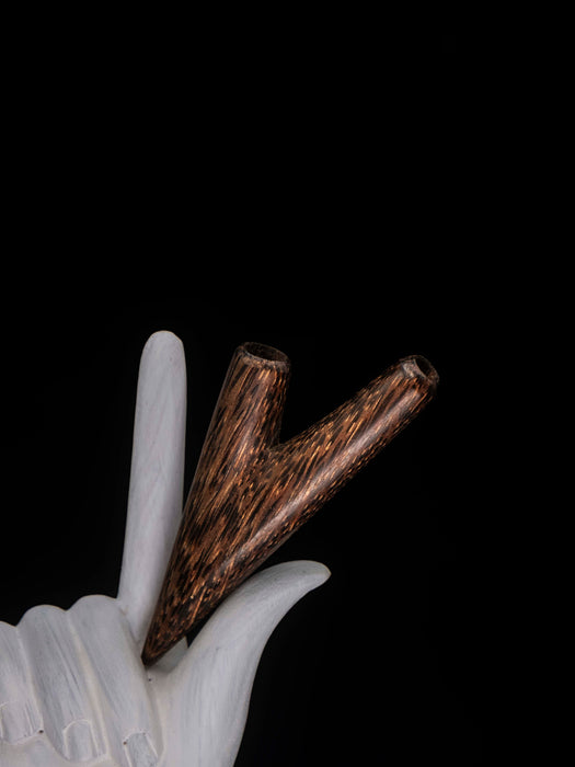 Wooden object on a white hand against a black background