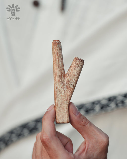 Hand holding two wooden sticks with a blurred background