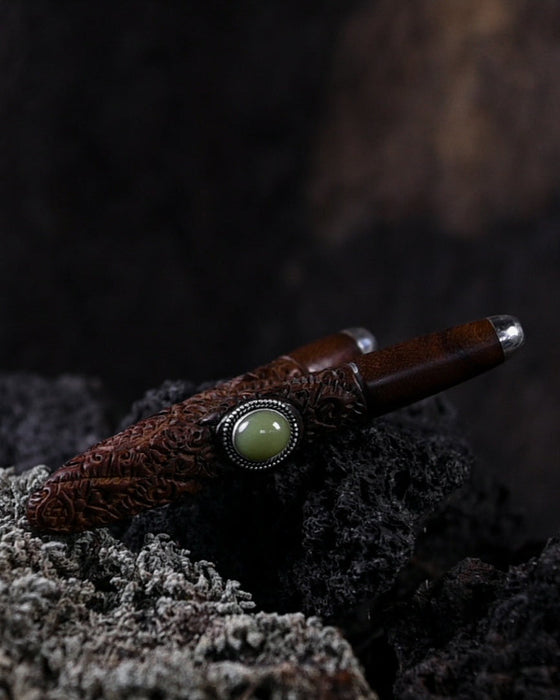 Rosewood handcrafted  Pipe: Balinese Applicator with Ye Ming Zhuh Stone