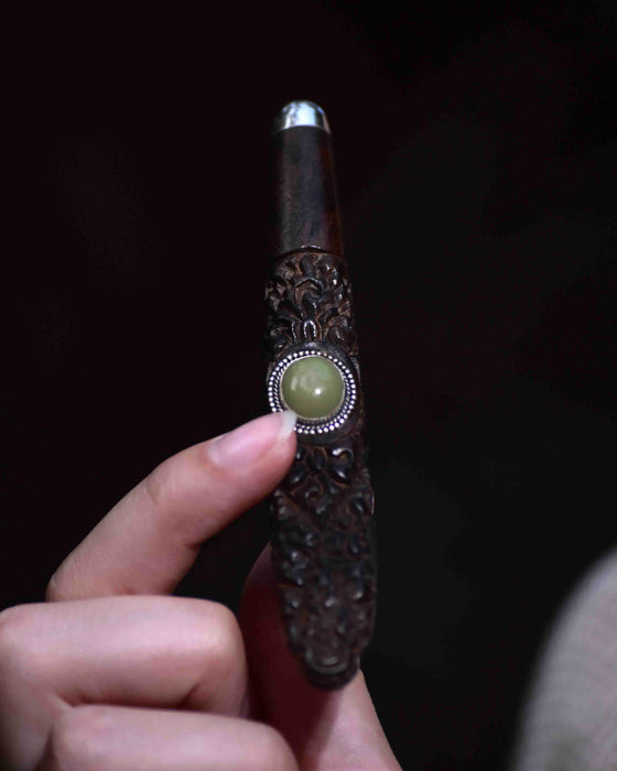 Rosewood handcrafted  Pipe: Balinese Applicator with Ye Ming Zhuh Stone