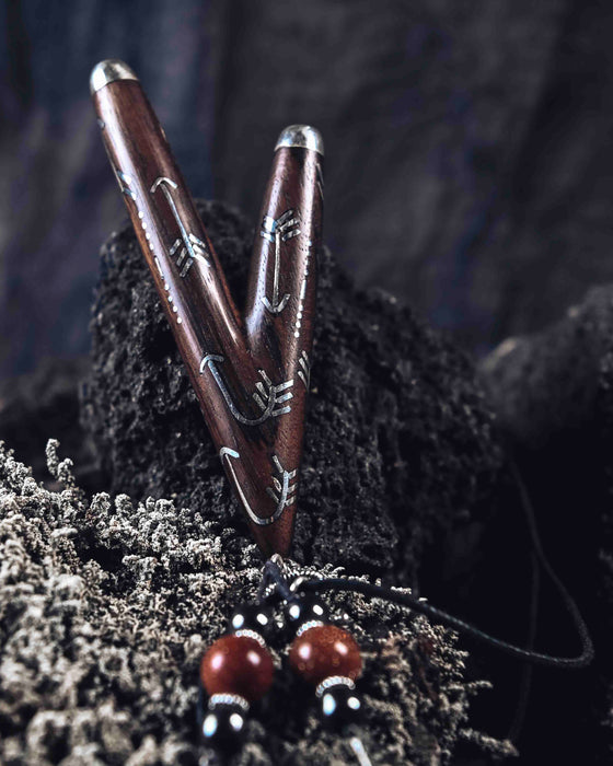Wooden Intention kuripe pipe necklace with silver accents for hape snuff, a unique, handcrafted shamanic tool for herbal medicine rituals.