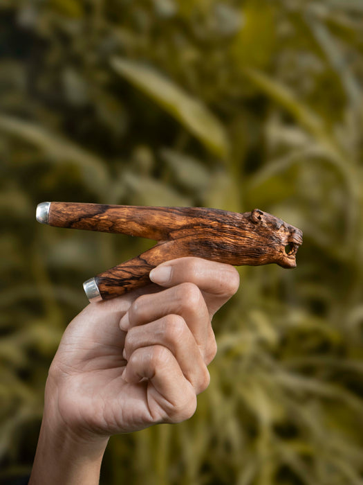 Hand holding a wooden and metal tool against a blurred natural background