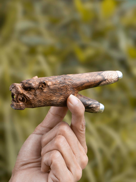 Shamanic rapé Kuripé Jaguar Man — mango wood and silver, hand-crafted design
