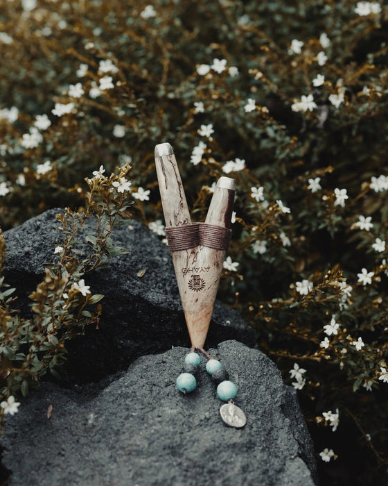 Tamarind wood kuripe pipe with turquoise and a peacock feather, a shamanic smoking accessory for hape snuff